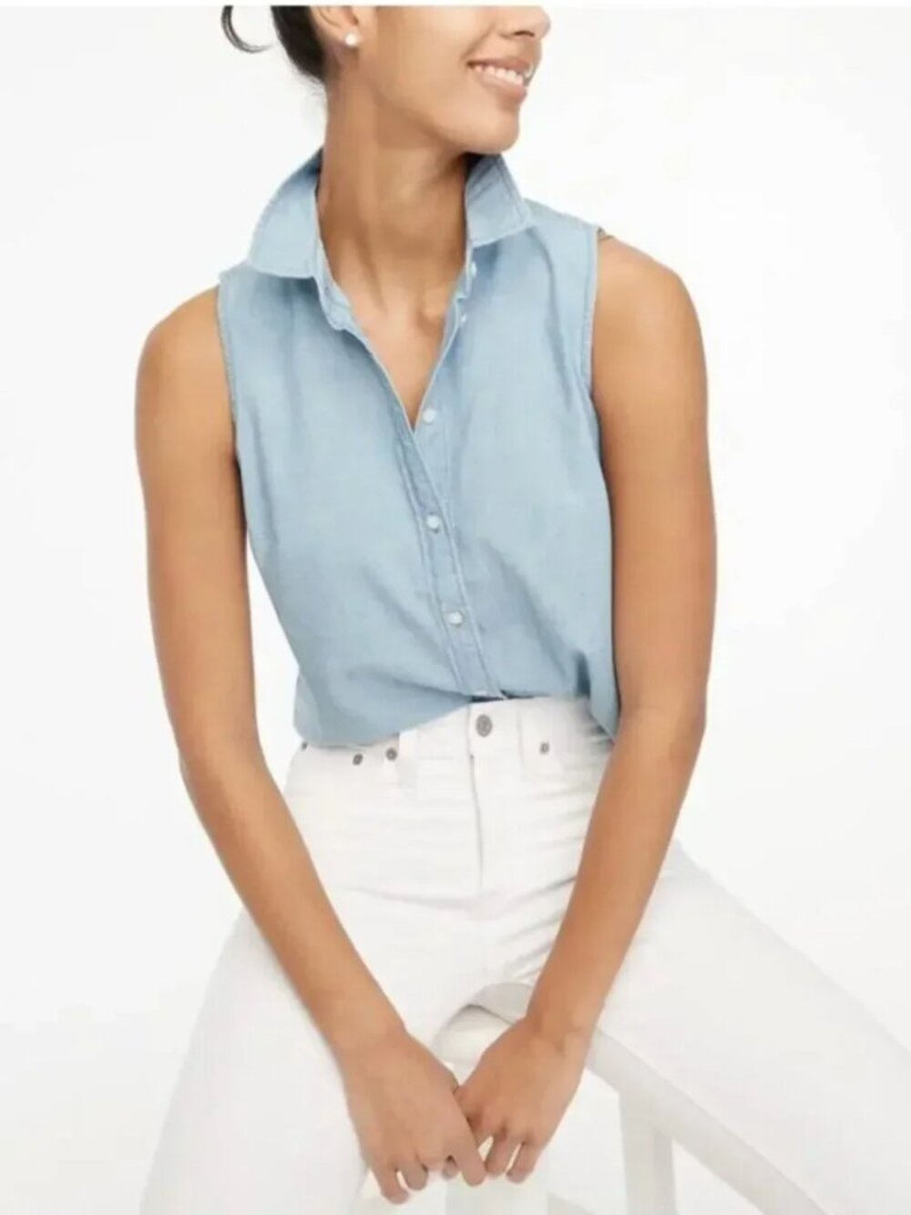 J. Crew Light Blue Sleeveless Button Down Perfect Fit Shirt L NWT